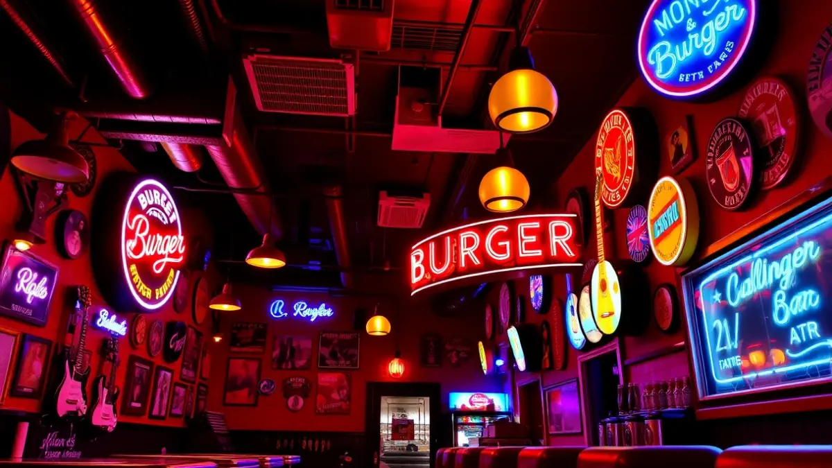 Imagen genérica de un bar de hamburguesas con estética retro y luces de neón.