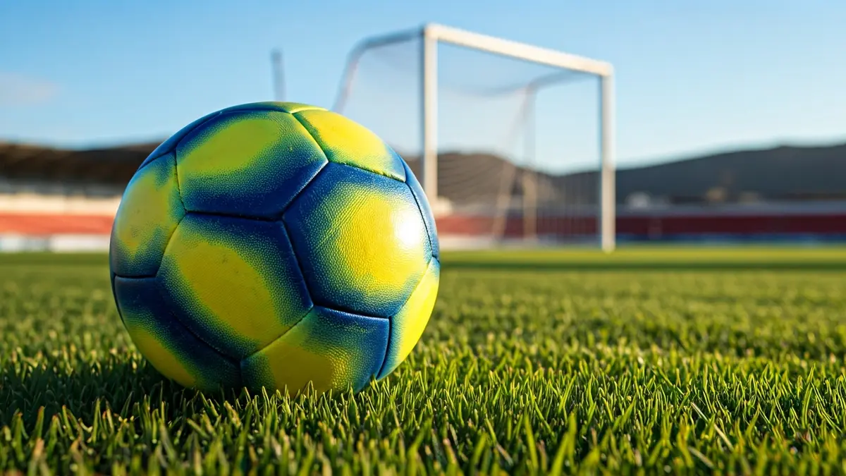 Imagen genérica de un balón de fútbol amarillo y azul sobre césped verde, con una portería borrosa al fondo.