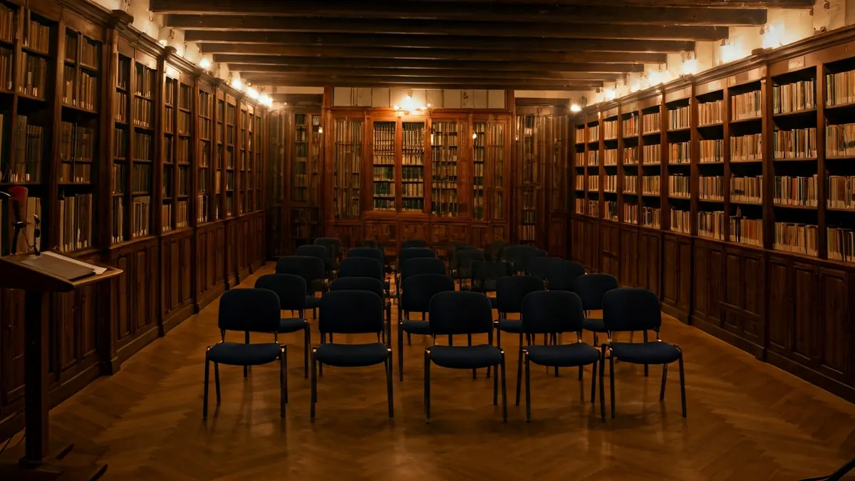 Imagen genérica de un ambiente de entrevista o presentación cultural, con un micrófono y un fondo de estanterías de libros.