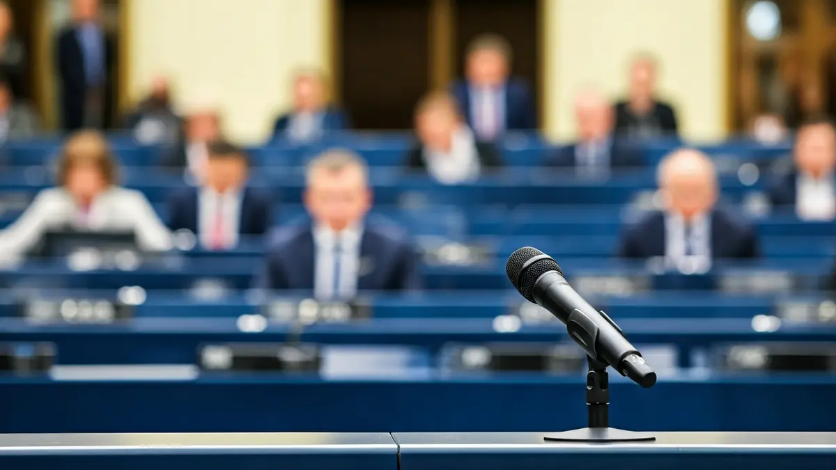 Generic image of a microphone on a podium during a parliamentary session.