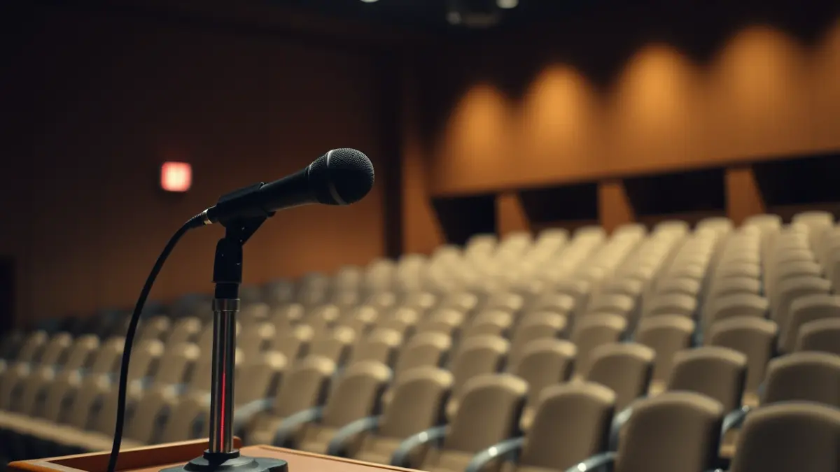 Generic image of a microphone on a podium, symbolizing a presentation or press conference.