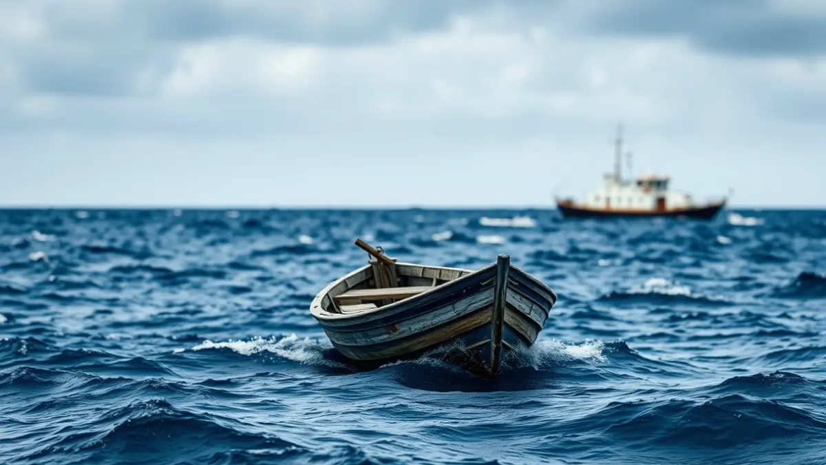 Image of a cayuco at sea, with a rescue vessel in the background.