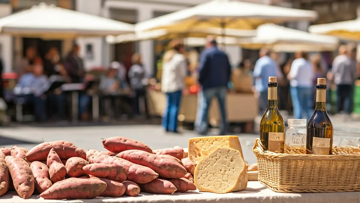 Image of an outdoor market with local products and a festive atmosphere.