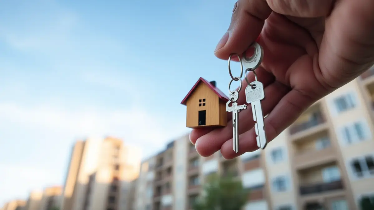 Imagen genérica de una mano sosteniendo una llave de casa, con edificios de apartamentos al fondo.