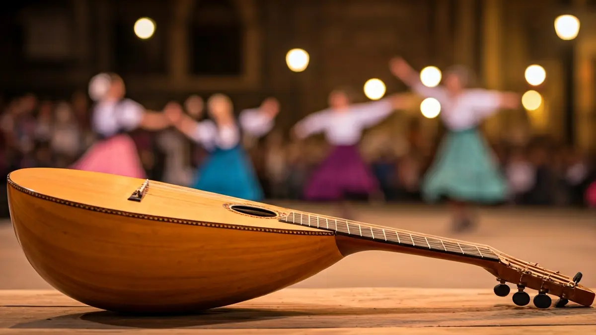 Imagen de un instrumento musical tradicional canario, con bailarines folclóricos desenfocados al fondo.