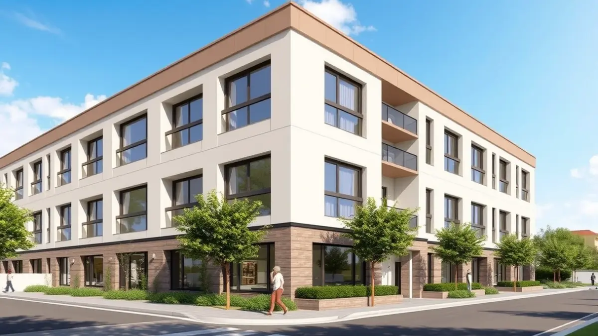 Imagen de un edificio moderno diseñado para una residencia de mayores.