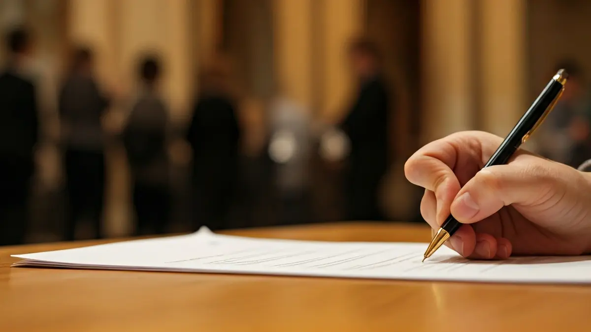 Generic image of a hand signing an official document, symbolizing budget approval.