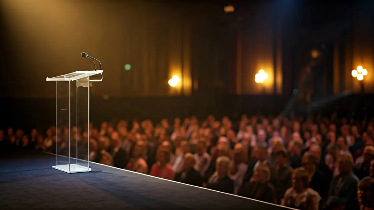 Imagen genérica de un escenario de gala con un podio y micrófono, luces elegantes y público difuminado.