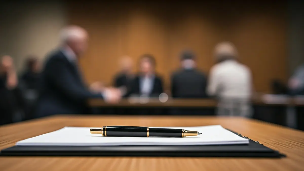 Generic image of official documents and a pen on a wooden desk.