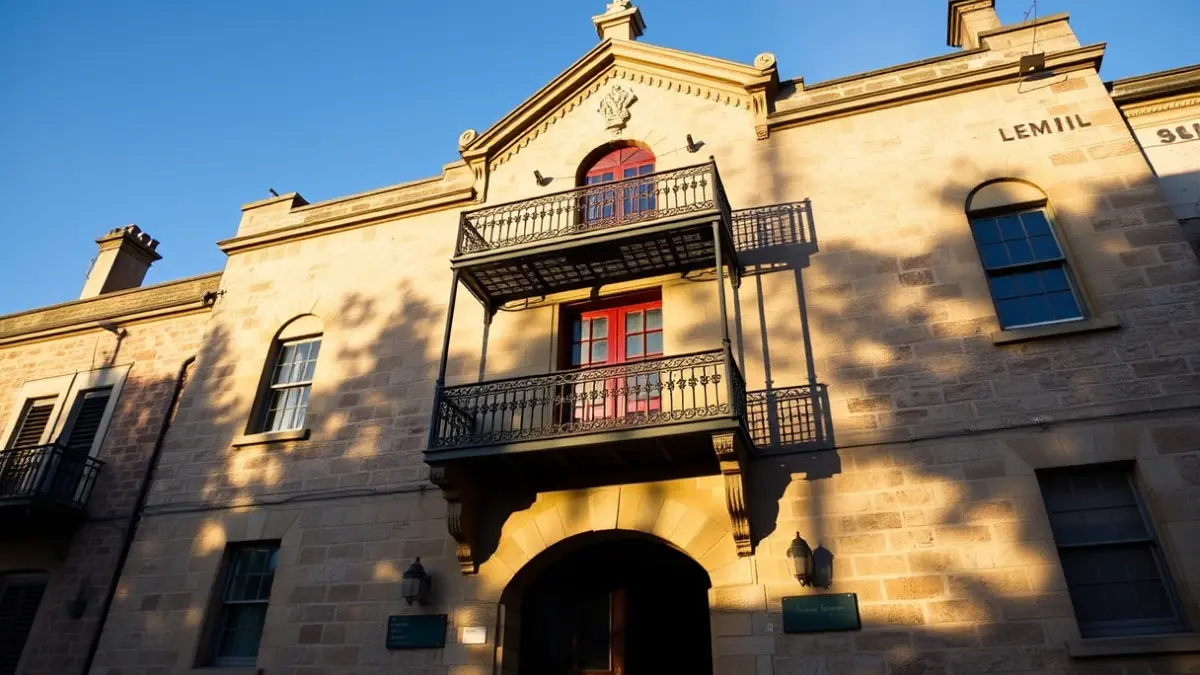 Stone town hall facade with balcony and iron railings, under warm afternoon sunlight.