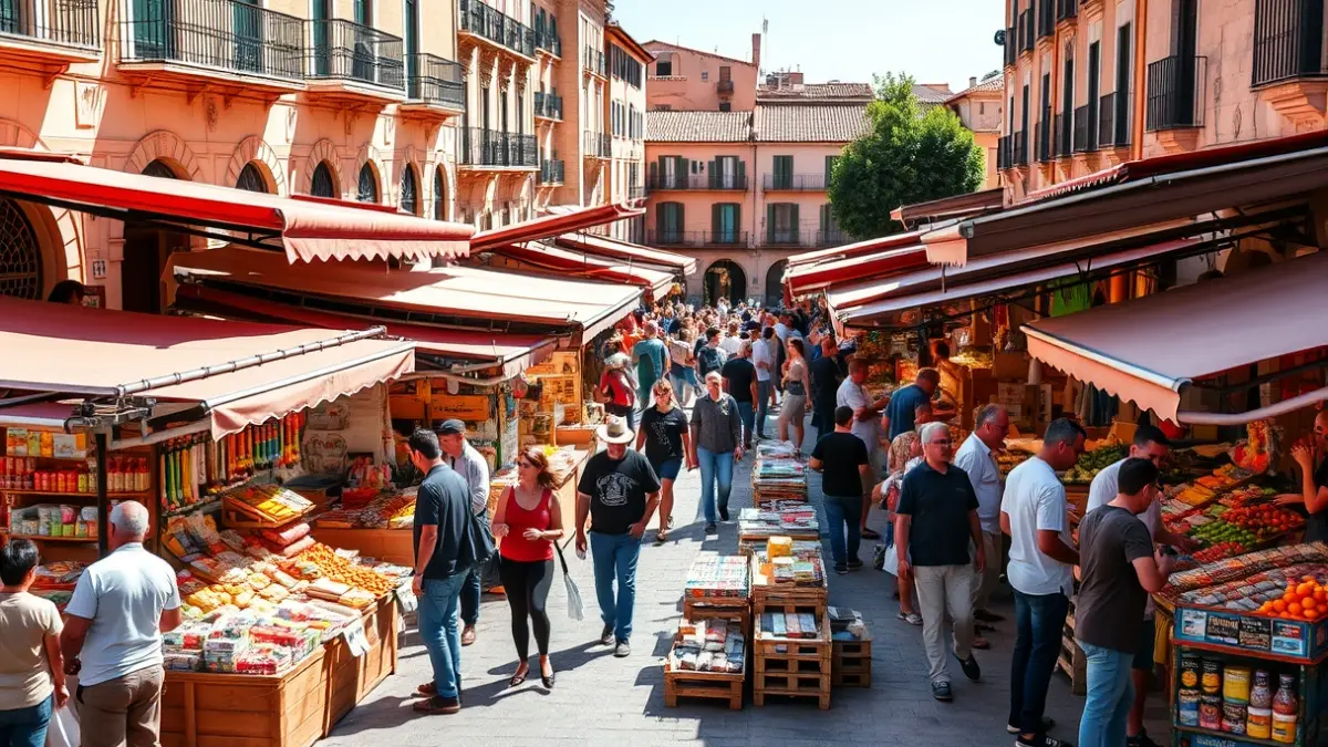 Imagen genérica de un mercado al aire libre con puestos y gente comprando.