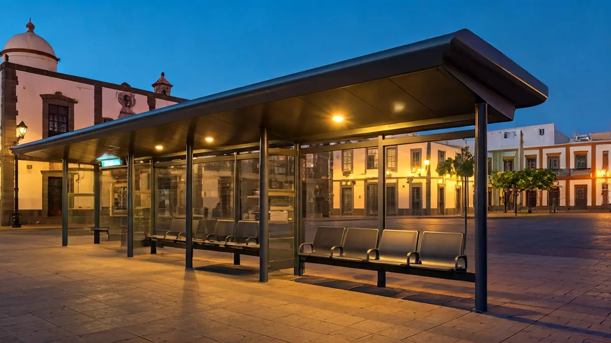 Imagen de la renovada estación de guaguas de San Mateo, con su nueva cubierta y zonas de espera.