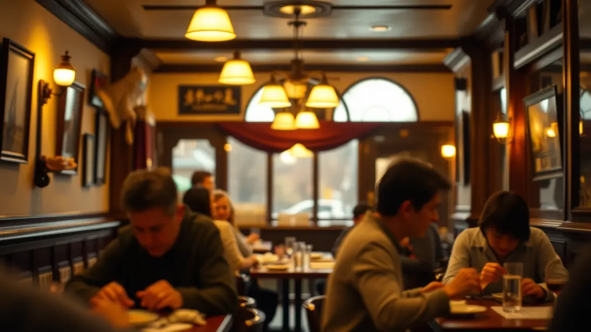 Interior de un restaurante con ambiente cálido y clientes disfrutando de la comida.