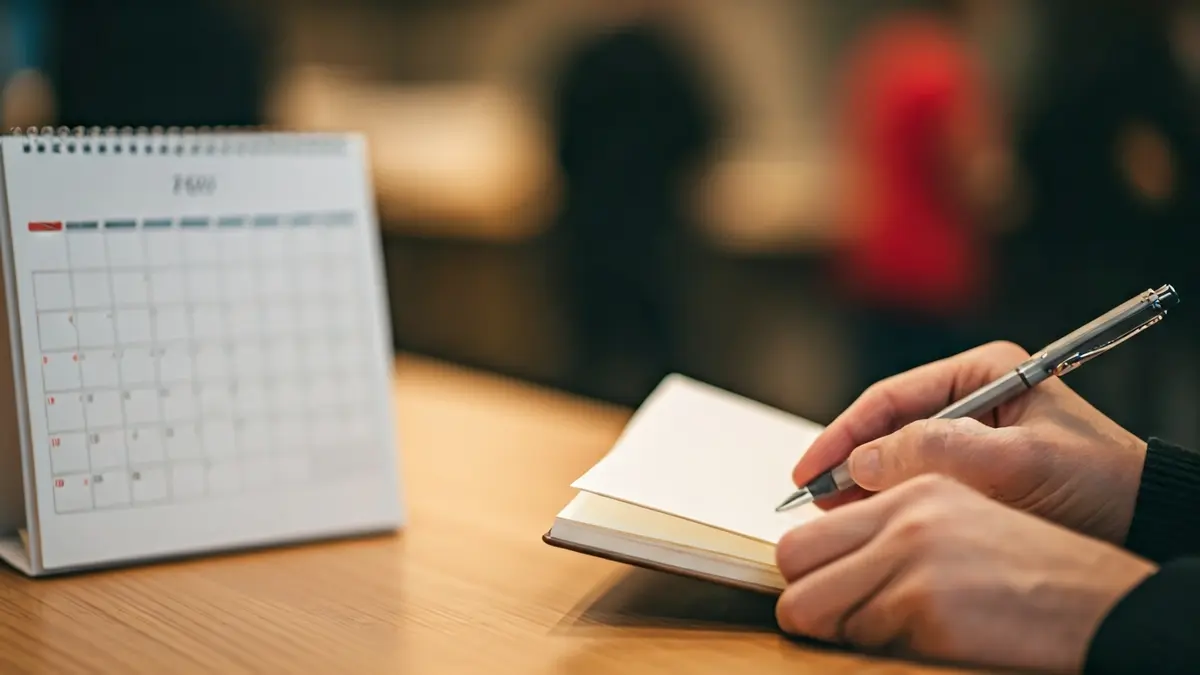 Generic image of hands holding a notebook or planner, with a blurred calendar nearby, on a wooden desk.