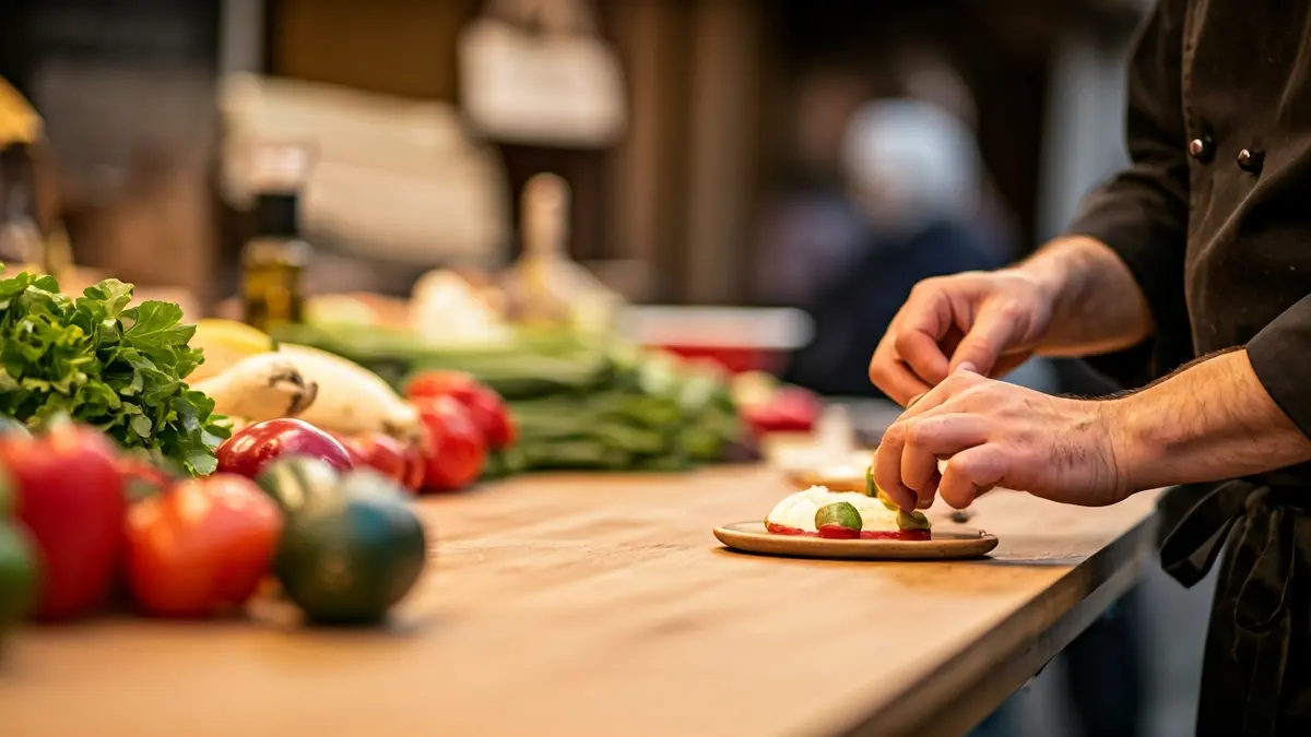 Generic image of a chef's hands preparing a dish with fresh ingredients on a wooden table, with blurred market stalls in the background.