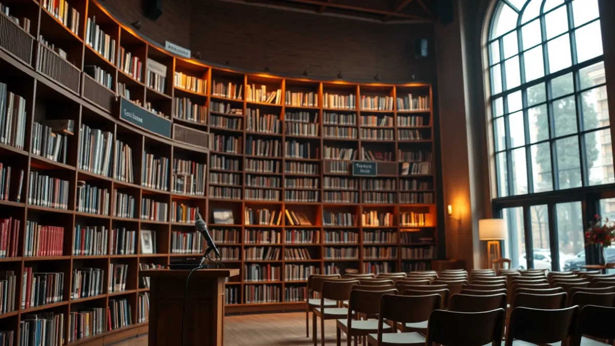 Imagen genérica de un interior de biblioteca con estanterías de madera y un podio con micrófono.
