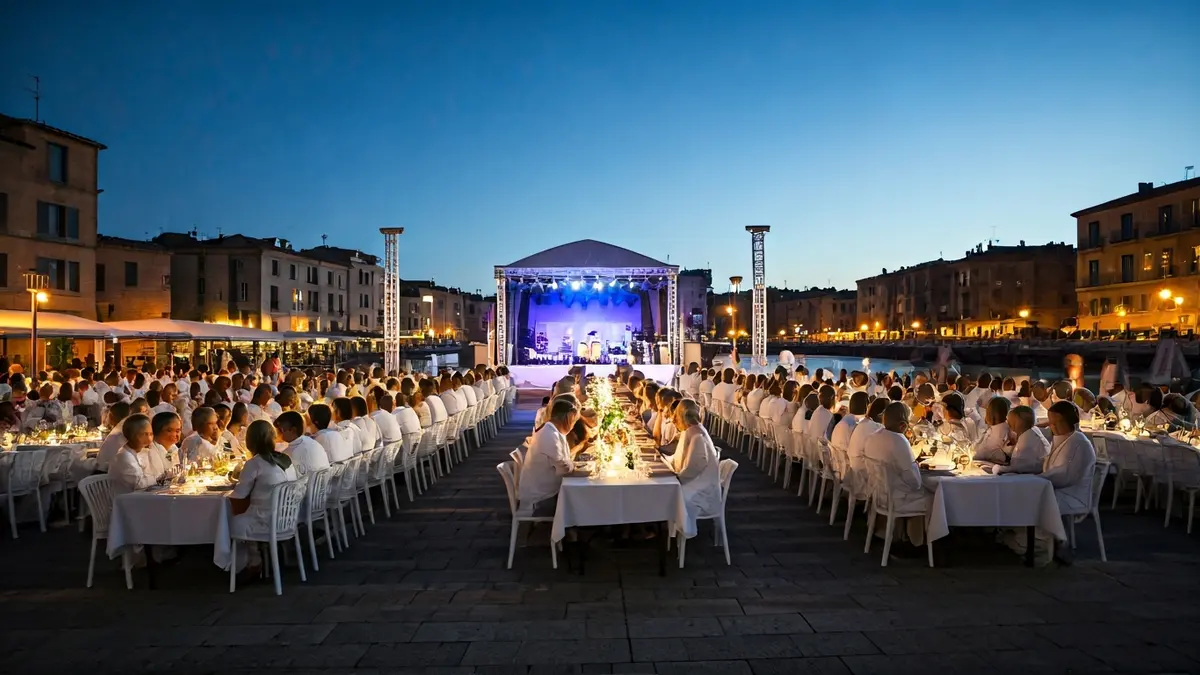 Image of a summer welcome party in Santa Cruz de Tenerife, with people dressed in white dining outdoors and live music.