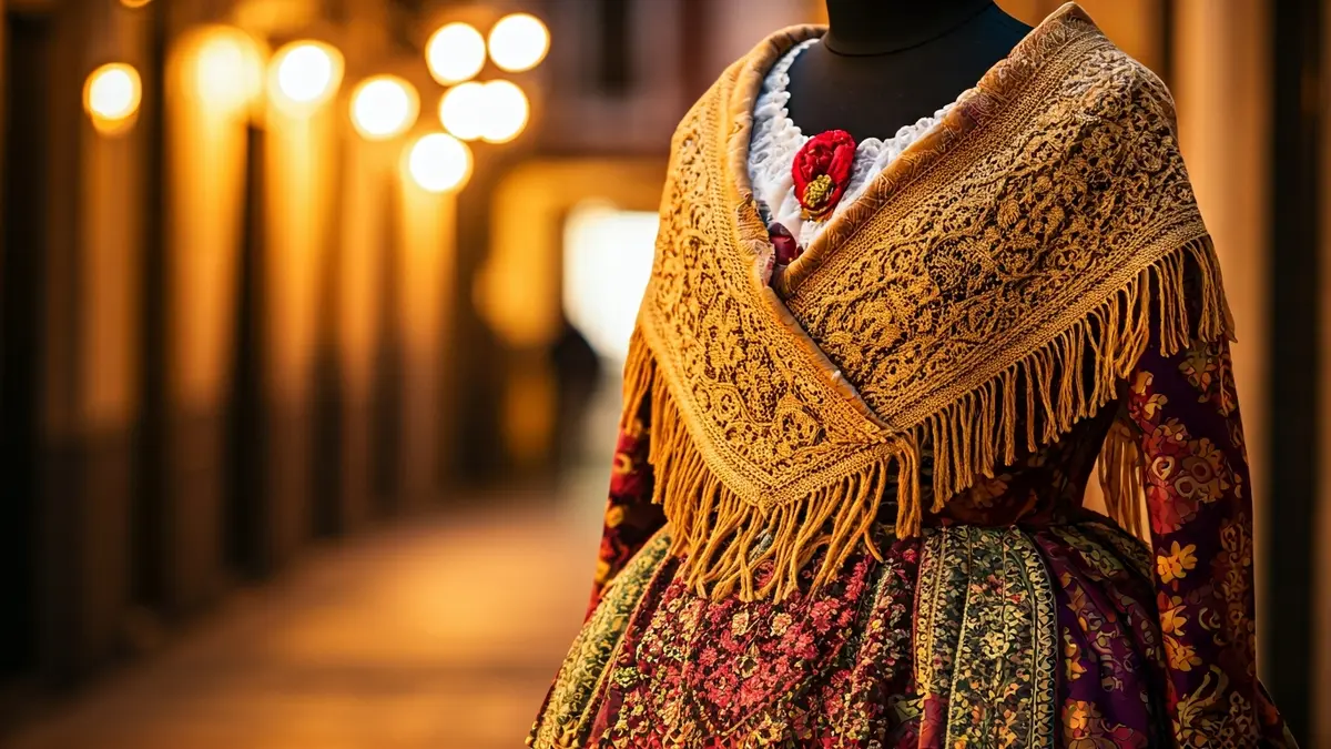 Image of a traditional Canarian costume, possibly a romera dress, with embroidery details.