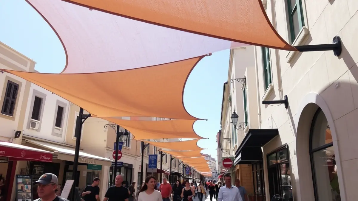 Image of a pedestrian street with shade structures, showing climatic comfort in an urban setting.
