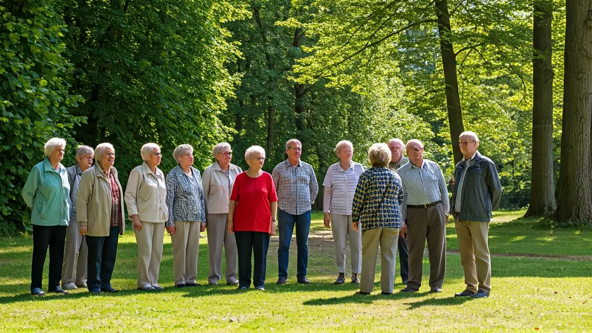 Group of elderly people on a guided tour, enjoying the scenery.