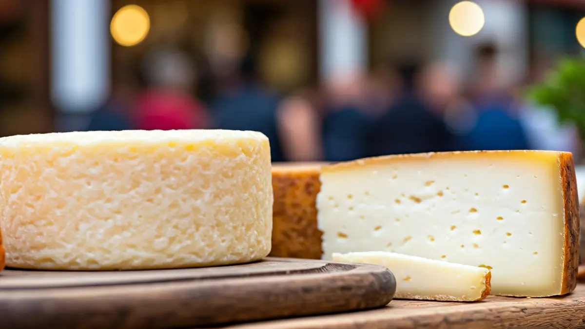 Imagen genérica de quesos artesanales, algunos con textura de flor, sobre una tabla de madera.