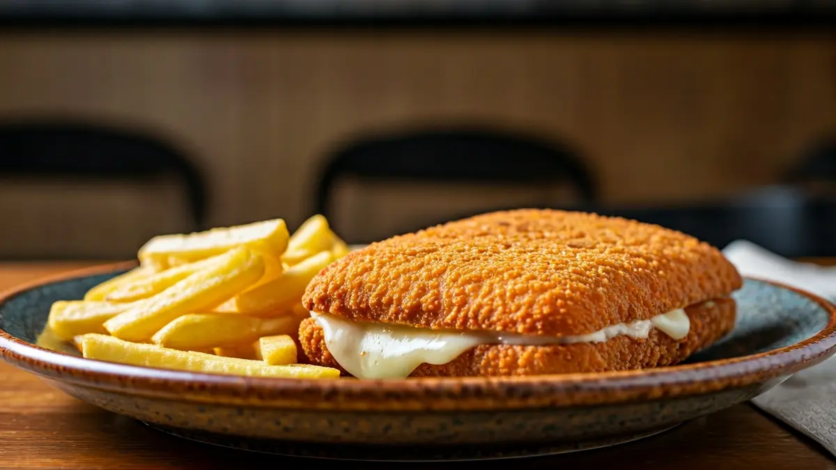 Imagen de un cachopo recién hecho, con queso fundido y jamón, acompañado de patatas fritas.
