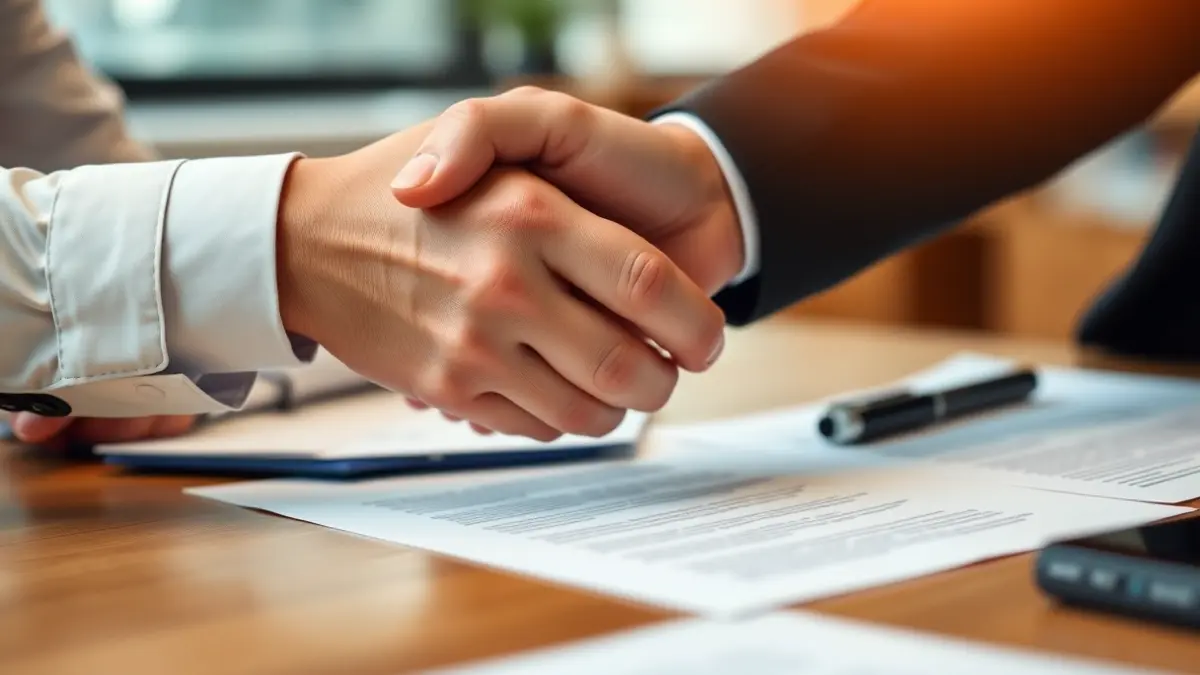 Generic image of two people shaking hands in an office setting, symbolizing business collaboration.