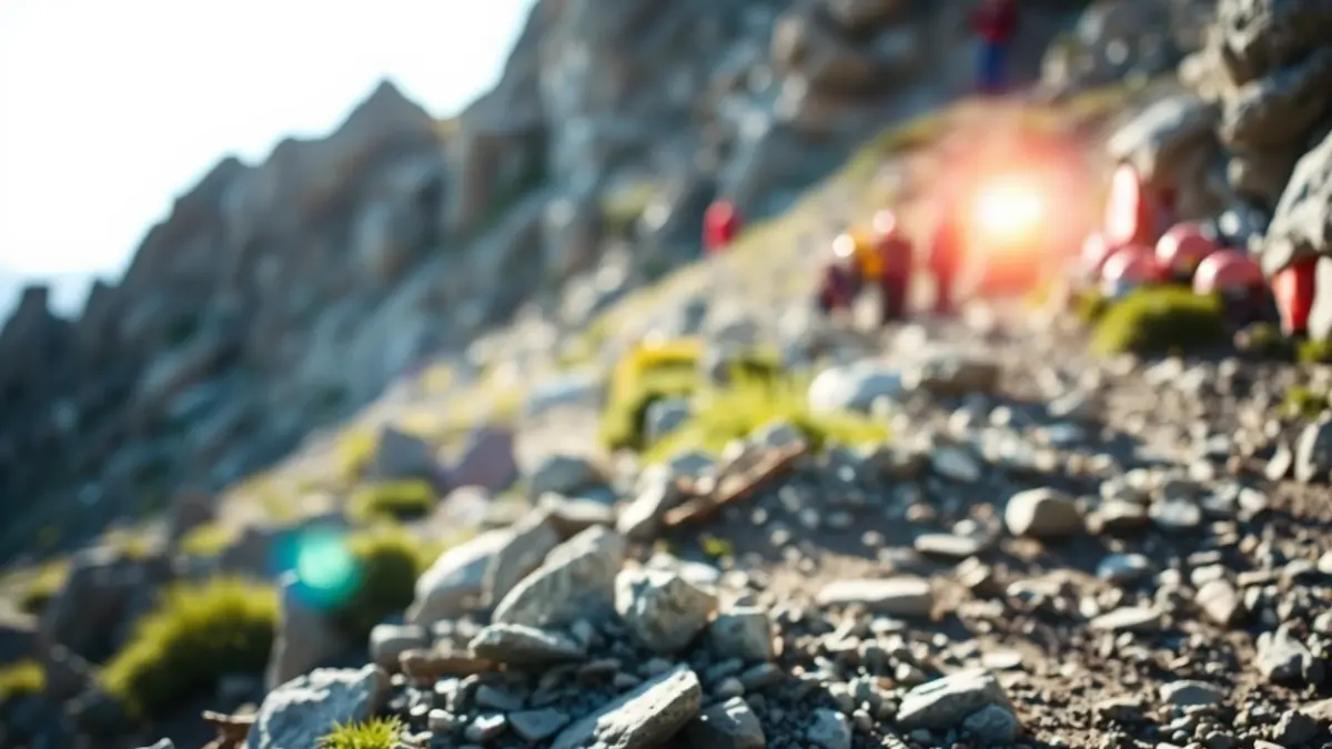 Imagen de luces de emergencia en un sendero de montaña, con personal de rescate en segundo plano.