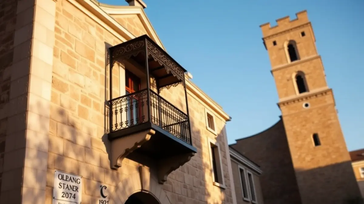 Fachada de un ayuntamiento de piedra con balcón y barandillas de hierro, bajo la luz del sol de la tarde.