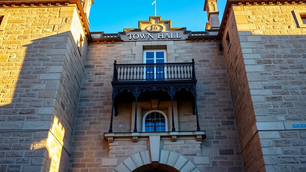 Stone town hall facade with balcony and iron railings, under warm afternoon sunlight.