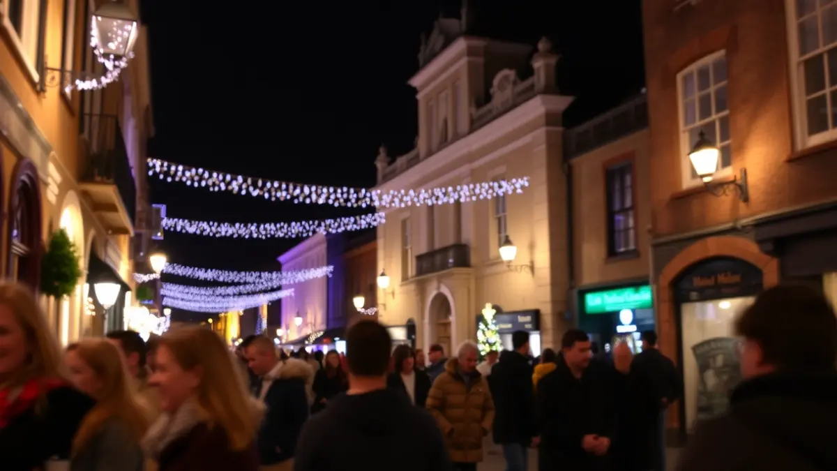 Image of a festive street in a historic neighborhood at night, with lights and blurred people.