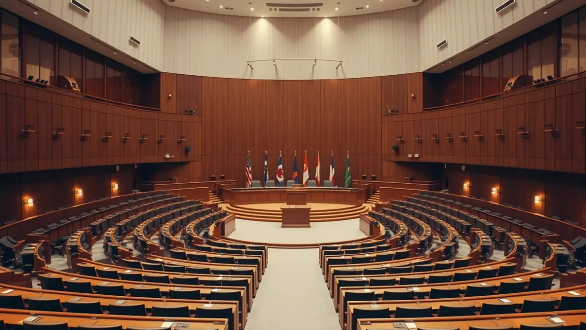 Imagen genérica de un hemiciclo parlamentario vacío, con asientos y un podio central.