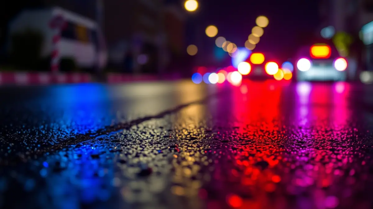 Generic image of emergency lights reflecting on wet asphalt.