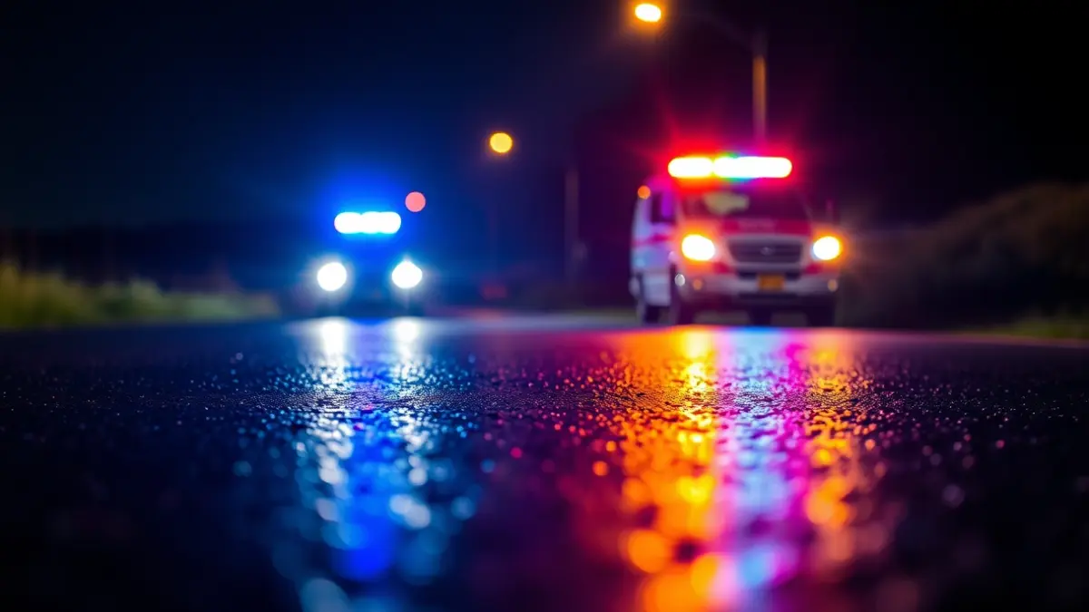 Imagen genérica de luces de emergencia reflejadas en asfalto mojado.