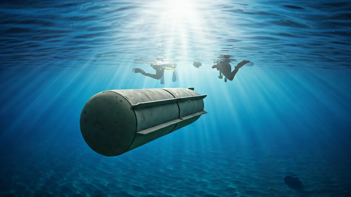 Image of a simulated explosive device underwater during a maritime security exercise.