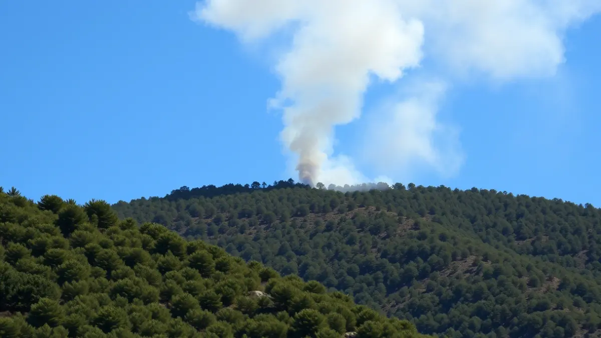 Generic image of a smoke column over a forest in a Canarian landscape.