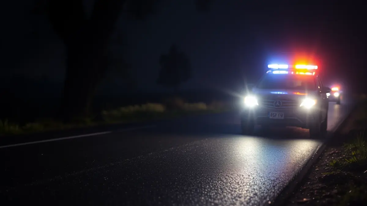 Generic image of emergency lights on a rural road with smoke in the background.