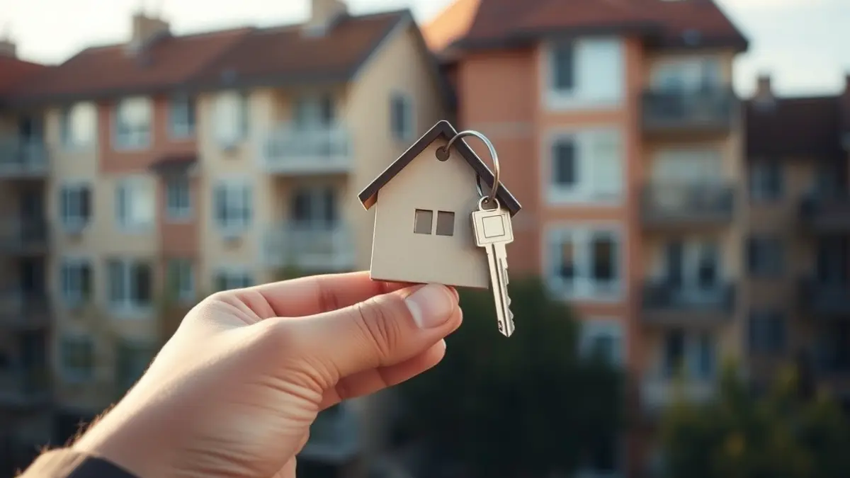 Imagen genérica de una mano sosteniendo una llave de casa, con edificios de apartamentos borrosos al fondo.