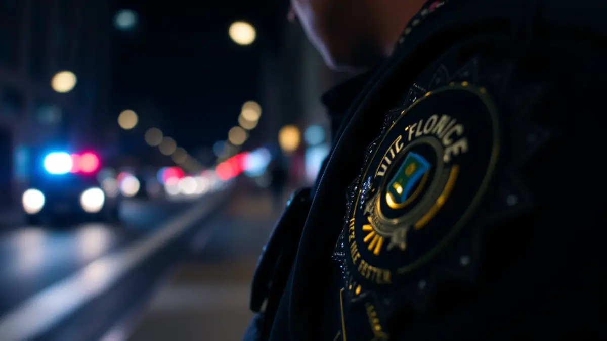 Generic image of a police emblem with blurred emergency lights in the background.