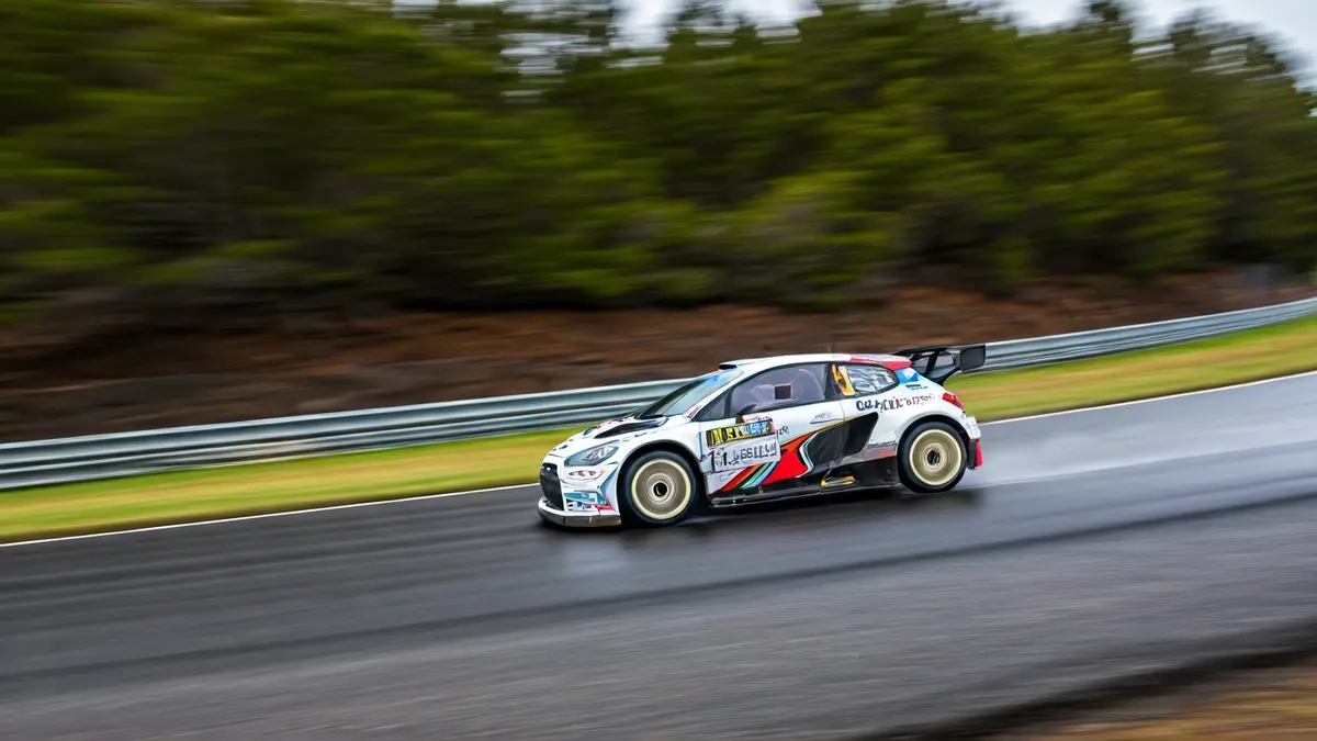 Neumático de coche de rally sobre asfalto mojado en una carretera canaria.