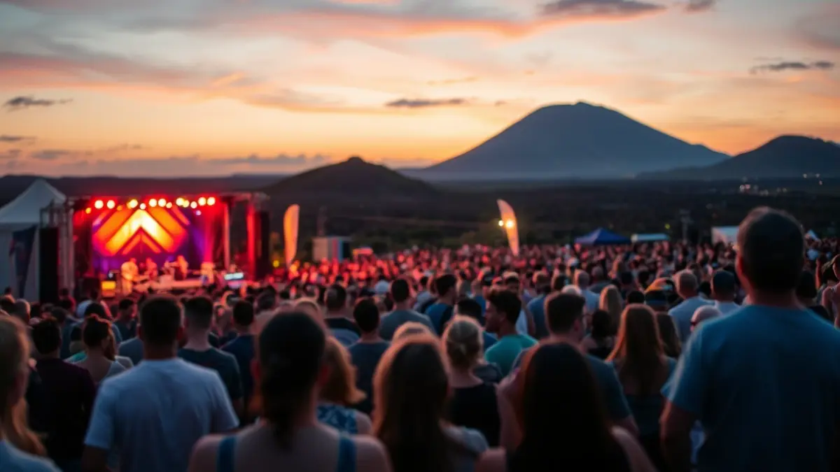 Imagen genérica de un festival de música al aire libre en un entorno volcánico al atardecer.