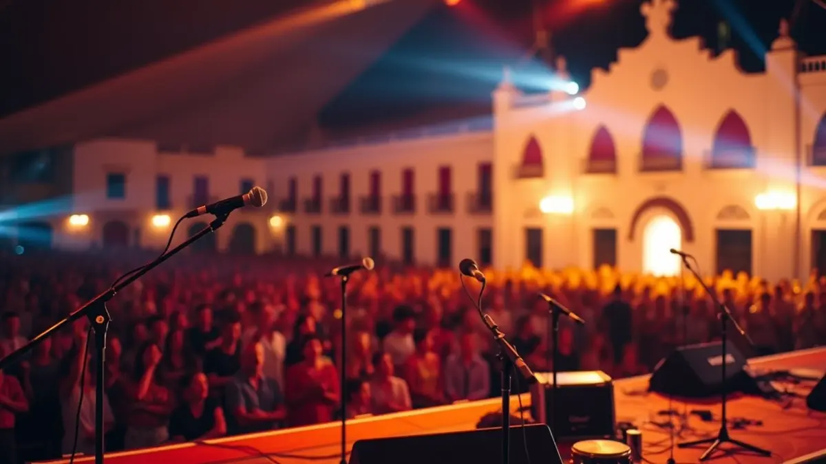 Imagen genérica de un escenario de festival de música con luces cálidas y público difuminado.