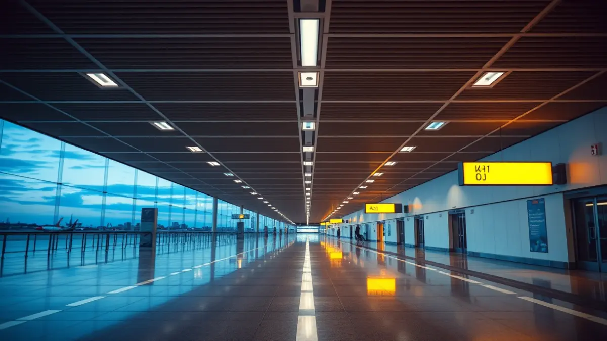 Generic image of an empty airport terminal at dusk.
