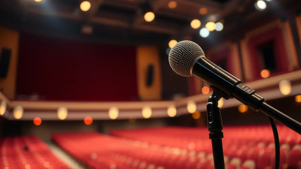 Generic image of a microphone on a concert stage.