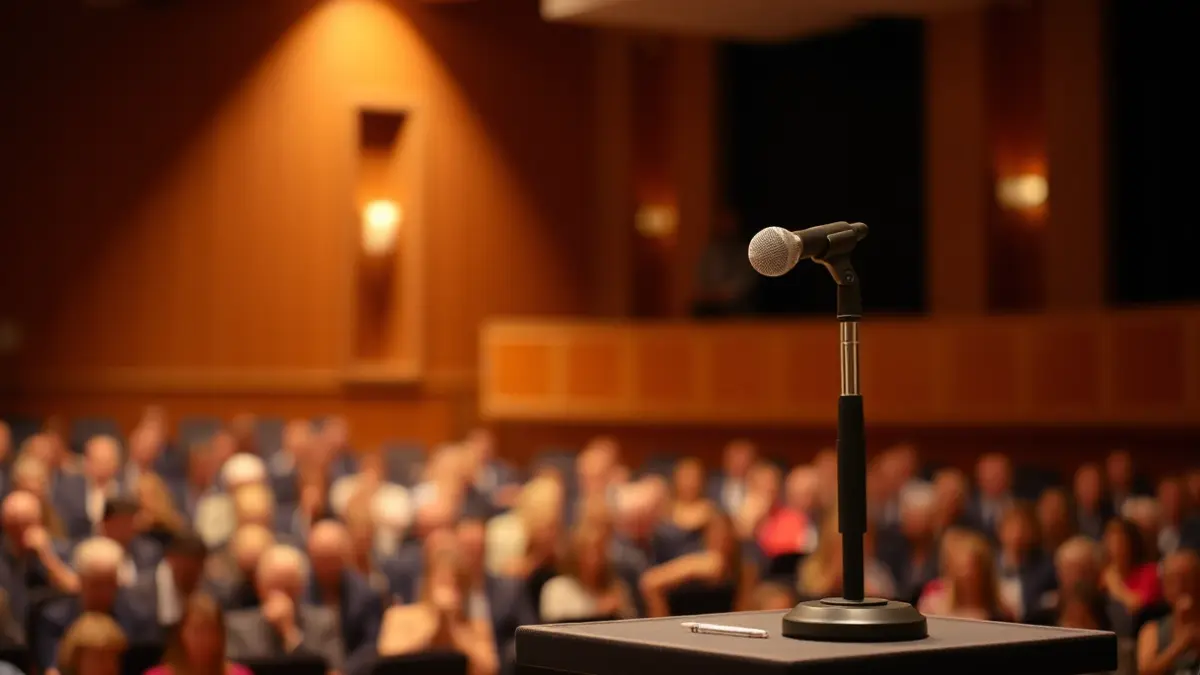 Generic image of a microphone on an empty concert stage, with blurred seats in the background.