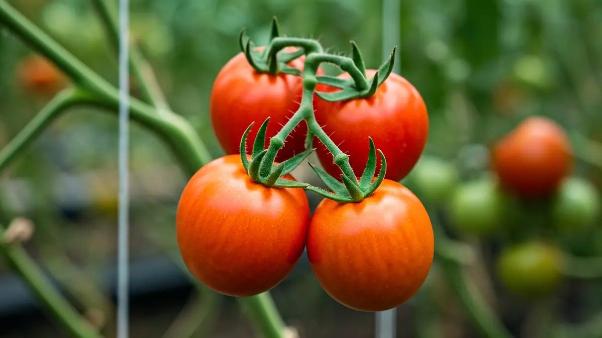 Generic image of fresh tomatoes on a plant, cultivated in a greenhouse.
