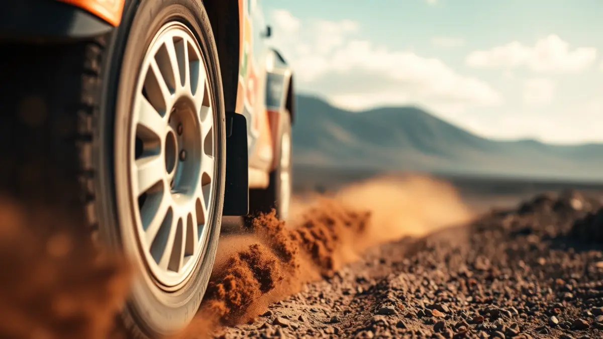 Image of a rally car in action, kicking up dust on a dirt track.