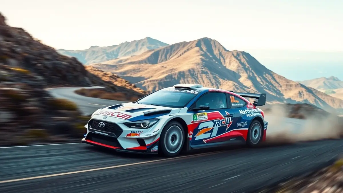 Imagen de un coche de rally en una carretera de montaña en Canarias.