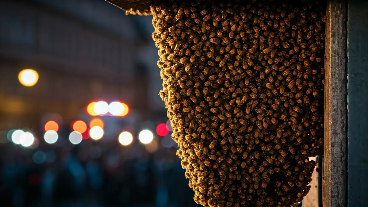 Image of a bee swarm on a building facade, with emergency lights in the background.