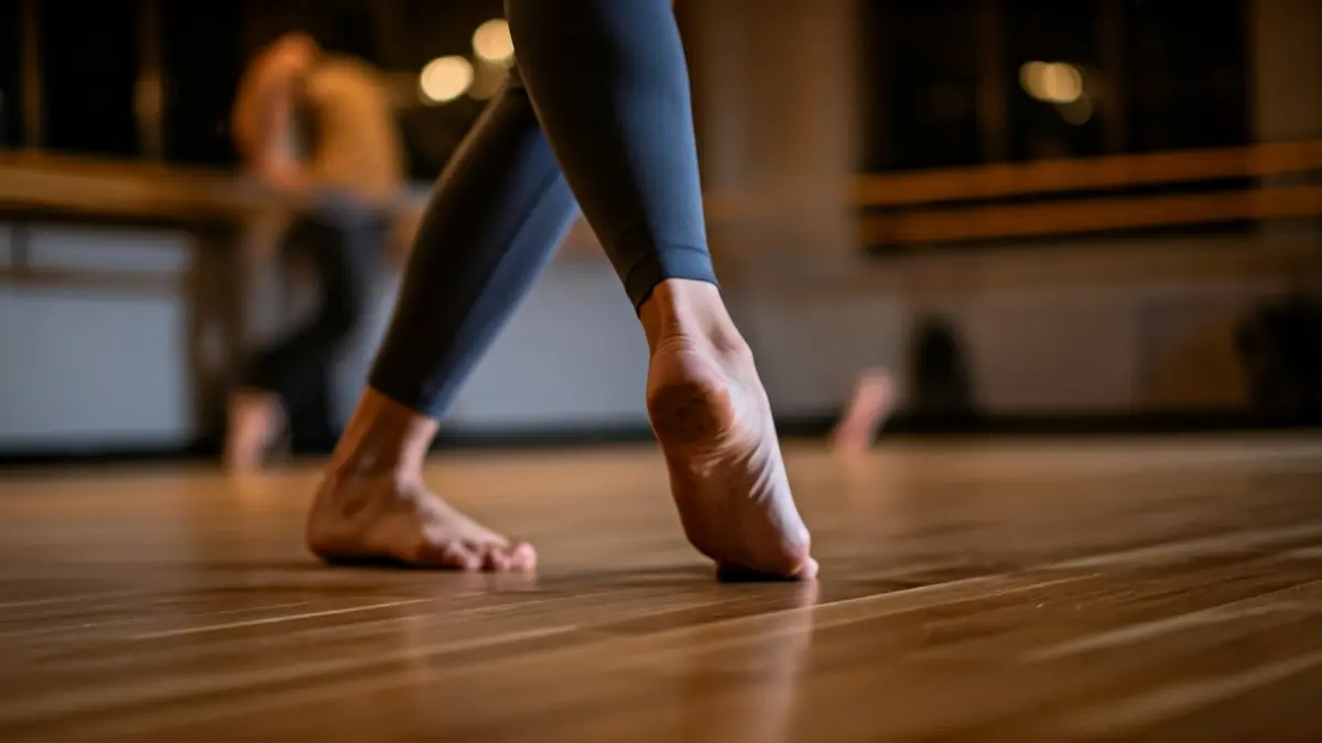 Generic image of dancers' feet in motion in a dance studio.